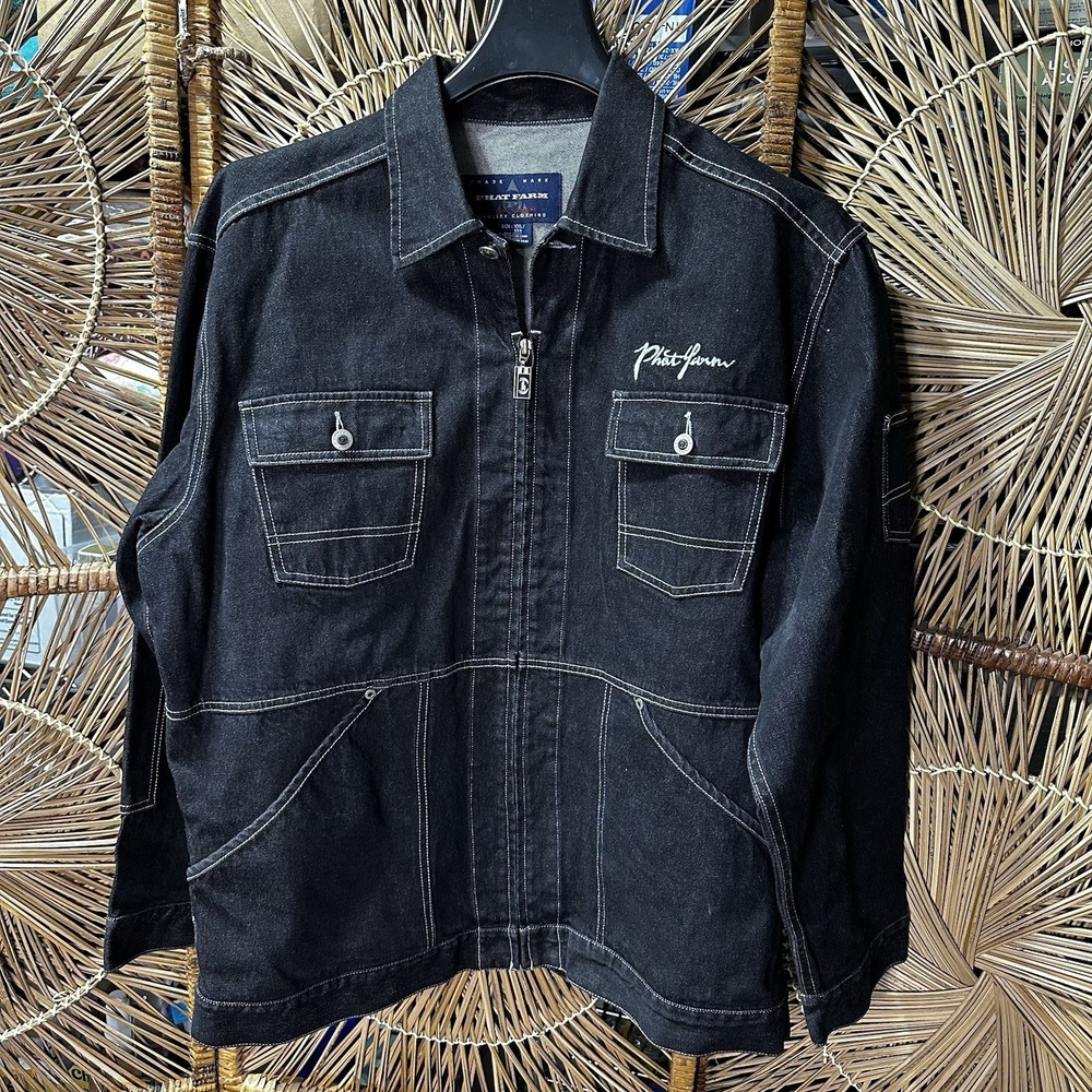 Y2K Phat‎ Farm Denim Jacket Hip Hop Trucker Full Zip Cargo Style Pockets 2XL